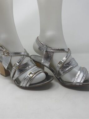 Lanvin Silver Metallic Leather Strappy Block Heel Sandals 38